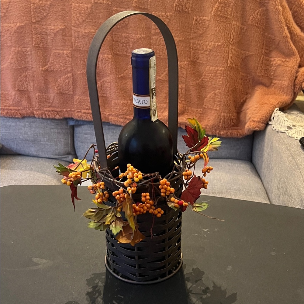 Basket looking Metal Wine Holder with Autumn Decor